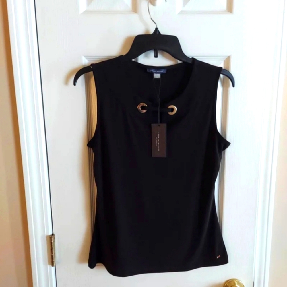 Tommy Hilfiger Sleeveless Gold Grommet Neck Black Stretch Blouse SM BNWT $65